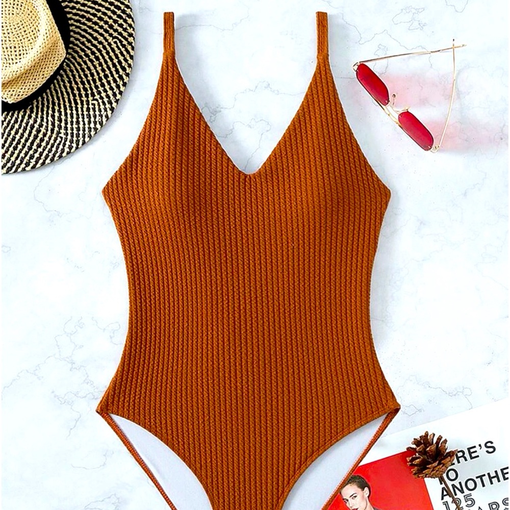 Ribbed V Neck One Piece Swimsuit